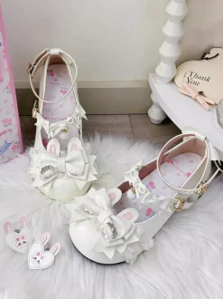 Chaussures Lolita Sweet à n艙uds roses Rubbit Bunny en cuir PU à talons compensés