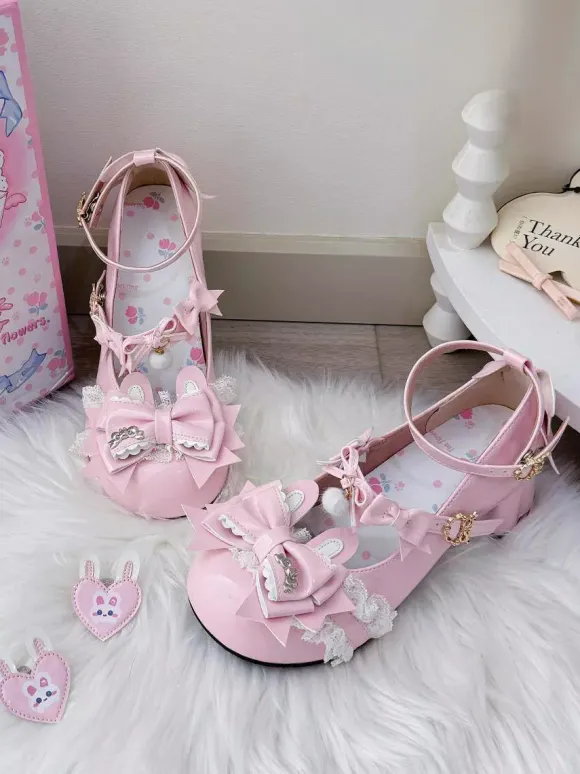 Chaussures Lolita Sweet à n艙uds roses Rubbit Bunny en cuir PU à talons compensés