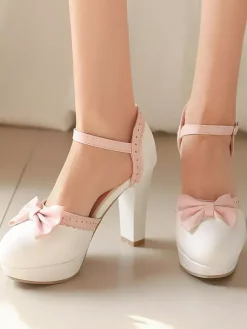 Chaussures Lolita Sweet à talons compensés en cuir PU avec n艙uds blancs