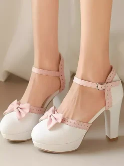 Chaussures Lolita Sweet à talons compensés en cuir PU avec n艙uds blancs