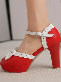 Chaussures Lolita Sweet à talons compensés en cuir PU avec n艙uds blancs