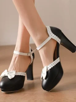 Chaussures Lolita Sweet à talons compensés en cuir PU avec n艙uds blancs