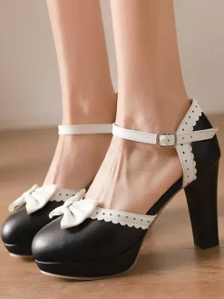 Chaussures Lolita Sweet à talons compensés en cuir PU avec n艙uds blancs