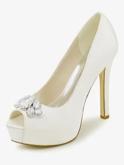 Chaussures mariée blanche en satin bout ouvert Chaussures femme cérémonie