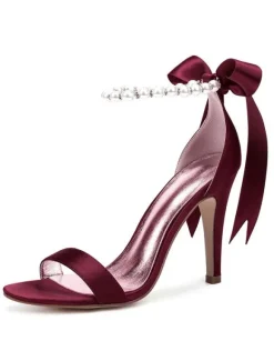Chaussures mariée blanches en satin à bout ouvert avec boucle de perles à talons haut sandales de mariée