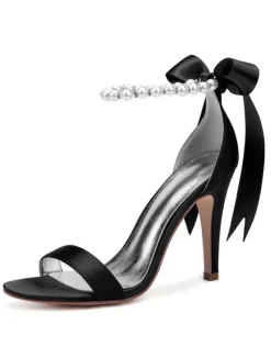 Chaussures mariée blanches en satin à bout ouvert avec boucle de perles à talons haut sandales de mariée