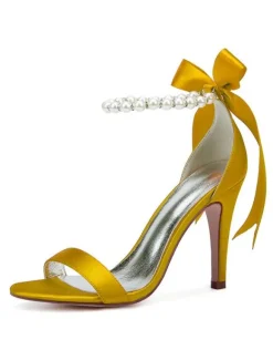 Chaussures mariée blanches en satin à bout ouvert avec boucle de perles à talons haut sandales de mariée