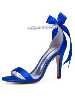 Chaussures mariée blanches en satin à bout ouvert avec boucle de perles à talons haut sandales de mariée