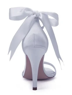 Chaussures mariée blanches en satin à bout ouvert avec boucle de perles à talons haut sandales de mariée