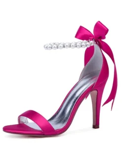 Chaussures mariée blanches en satin à bout ouvert avec boucle de perles à talons haut sandales de mariée