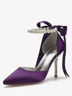 Chaussures mariée en satin bout pointu perles chaussures femme blanche à talon