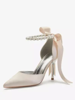 Chaussures mariée en satin bout pointu perles chaussures femme blanche à talon