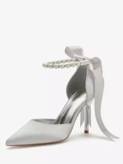 Chaussures mariée en satin bout pointu perles chaussures femme blanche à talon