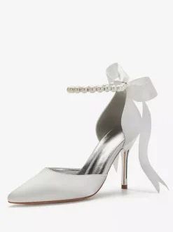 Chaussures mariée en satin bout pointu perles chaussures femme blanche à talon