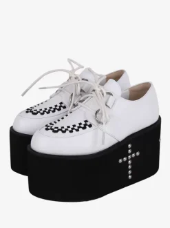 Chaussures mignonne Lolita avec rivets métalliques blancs chaussures Lolita en cuir PU à bout rond
