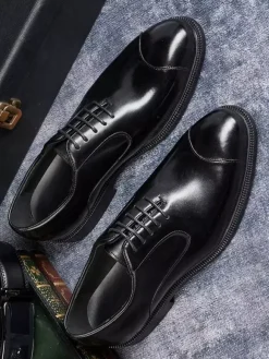 Chaussures Oxford pour hommes bout pointu style business décontracté en cuir véritable à lacets et bout droit