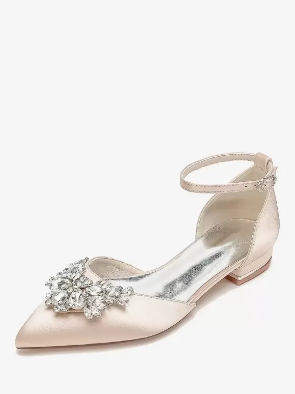 Chaussures Plates De Mariée Mariage Bride Strass Satin Bout Pointu