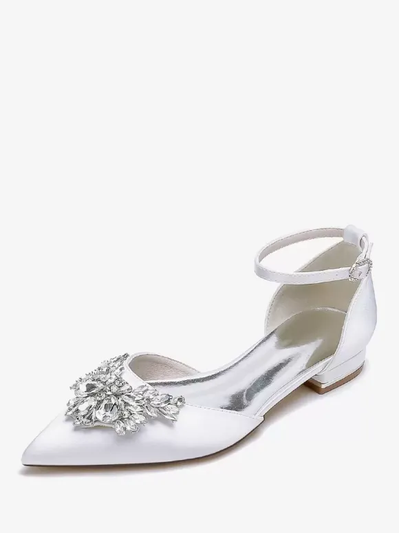 Chaussures Plates De Mariée Mariage Bride Strass Satin Bout Pointu