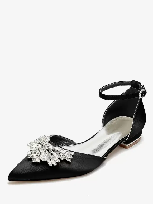 Chaussures Plates De Mariée Mariage Bride Strass Satin Bout Pointu