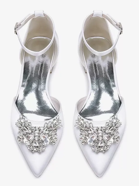 Chaussures Plates De Mariée Mariage Bride Strass Satin Bout Pointu
