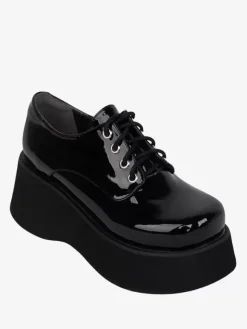 Chaussures Steampunk Lolita en cuir verni noir à lacets et bout rond en cuir PU