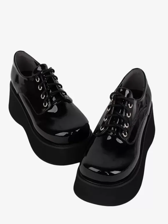 Chaussures Steampunk Lolita en cuir verni noir à lacets et bout rond en cuir PU