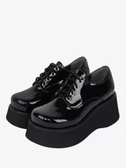 Chaussures Steampunk Lolita en cuir verni noir à lacets et bout rond en cuir PU