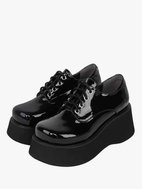 Chaussures Steampunk Lolita en cuir verni noir à lacets et bout rond en cuir PU