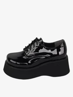 Chaussures Steampunk Lolita en cuir verni noir à lacets et bout rond en cuir PU