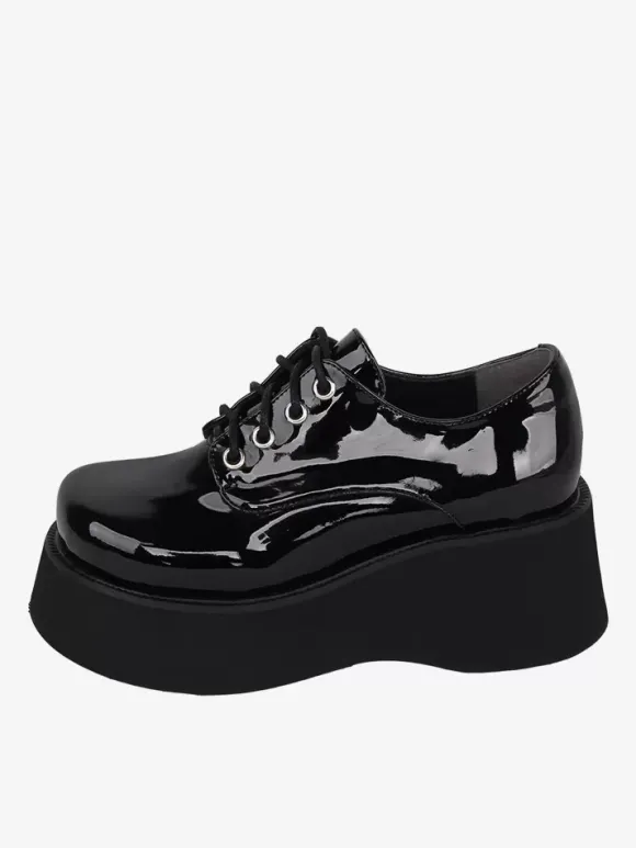 Chaussures Steampunk Lolita en cuir verni noir à lacets et bout rond en cuir PU