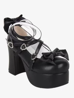 Chaussures Sweet Lolita avec n艙ud noir et bout rond en cuir PU