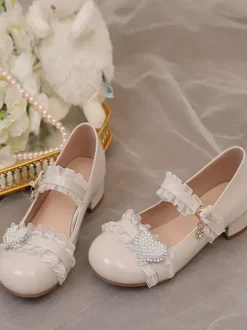 Chaussures Sweet Lolita Escarpins Mary Jane Lolita à talons épais et blocs de couleurs roses à volants