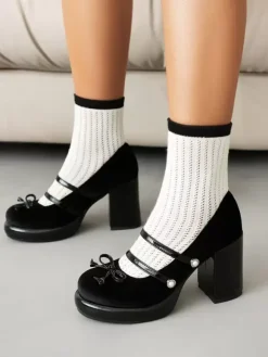Chaussures Sweet Lolita Escarpins Lolita à talons épais en nubuck avec détails en métal rouge et n艙uds
