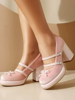 Chaussures Sweet Lolita Escarpins Lolita à talons épais en nubuck avec détails en métal rouge et n艙uds