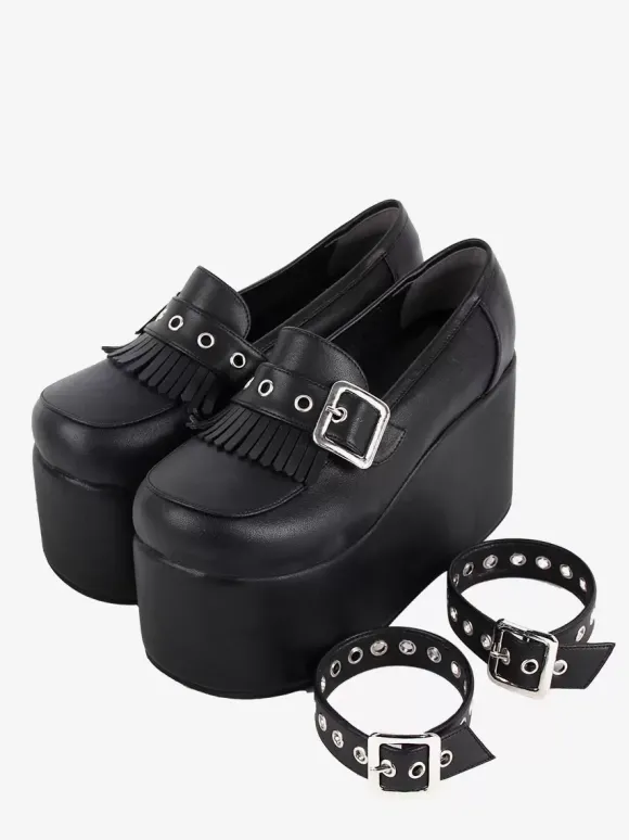 Chaussures Sweet Lolita Escarpins Lolita à talons compensés en cuir PU avec chaînes noires