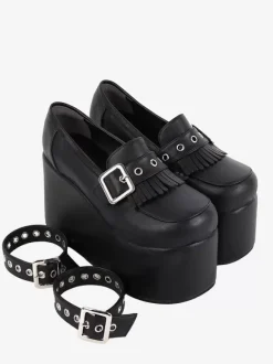 Chaussures Sweet Lolita Escarpins Lolita à talons compensés en cuir PU avec chaînes noires