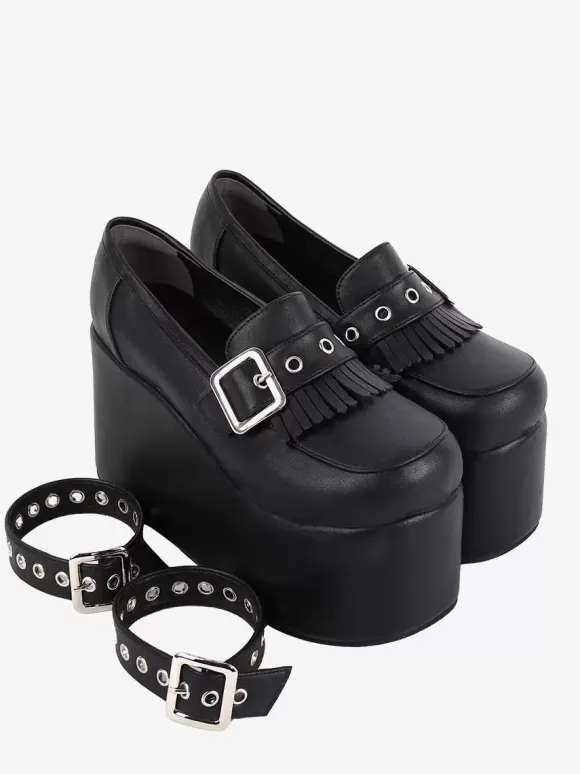 Chaussures Sweet Lolita Escarpins Lolita à talons compensés en cuir PU avec chaînes noires