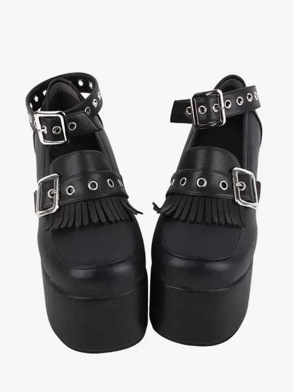 Chaussures Sweet Lolita Escarpins Lolita à talons compensés en cuir PU avec chaînes noires