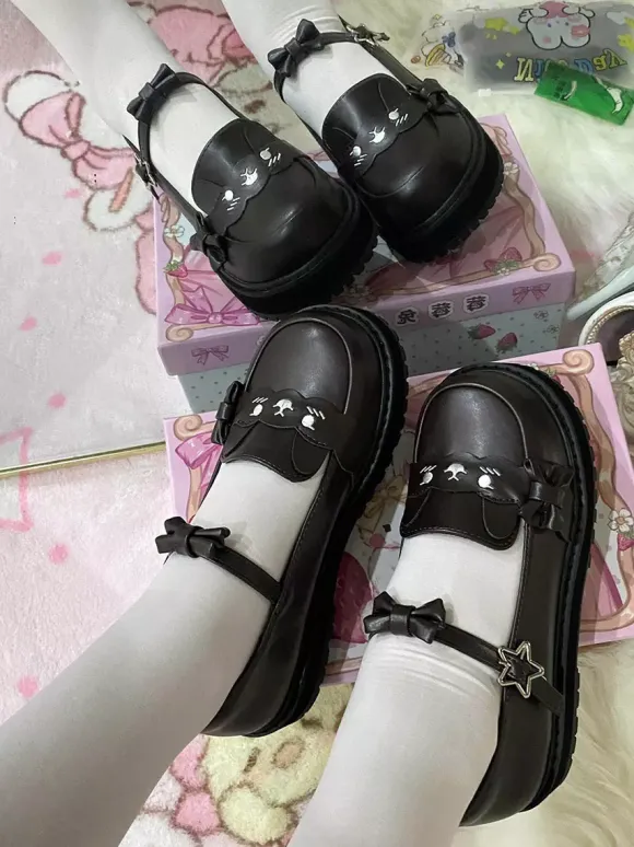 Chaussures Sweet Lolita noires à imprimé étoiles et n艙uds bout rond en cuir PU plates de haute qualité.