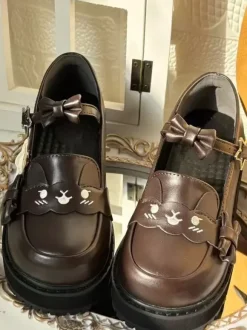 Chaussures Sweet Lolita noires à imprimé étoiles et n艙uds bout rond en cuir PU plates de haute qualité.