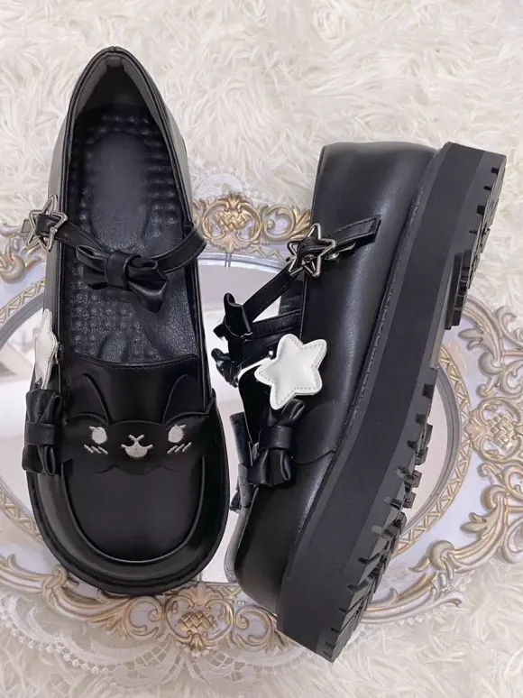 Chaussures Sweet Lolita noires à imprimé étoiles et n艙uds bout rond en cuir PU plates de haute qualité.