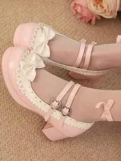 Chaussures Sweet Lolita à n艙uds roses talon compensé en cuir PU color block.