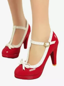 Chaussures vintage noires à talons épais avec sangle en T et n艙ud des années 1950