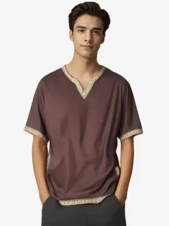 Chemise À Manches Courtes Col En V Rétro Rouge Vintage Homme Bourgogne