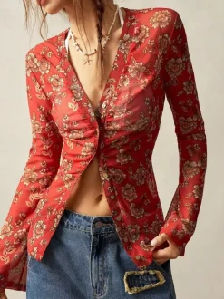 Chemise à manches longues boutonnée à imprimé floral et coupe ajustée pour femme 2026