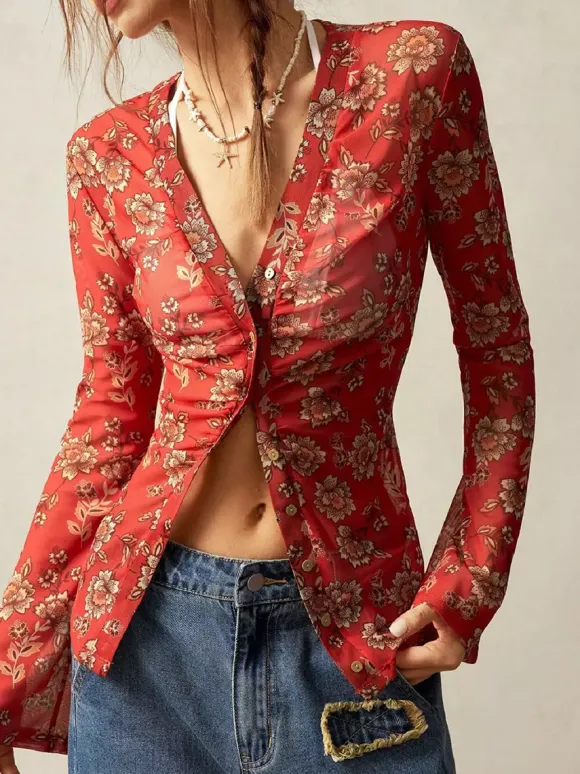 Chemise à manches longues boutonnée à imprimé floral et coupe ajustée pour femme 2026