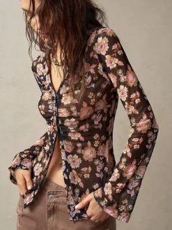 Chemise à manches longues boutonnée à imprimé floral et coupe ajustée pour femme 2026