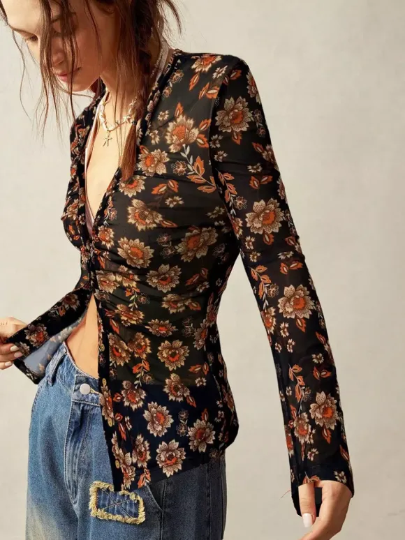 Chemise à manches longues boutonnée à imprimé floral et coupe ajustée pour femme 2026