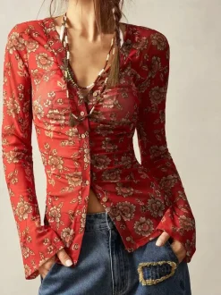 Chemise à manches longues boutonnée à imprimé floral et coupe ajustée pour femme 2026