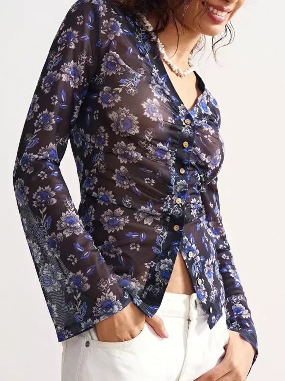 Chemise à manches longues boutonnée à imprimé floral et coupe ajustée pour femme 2026